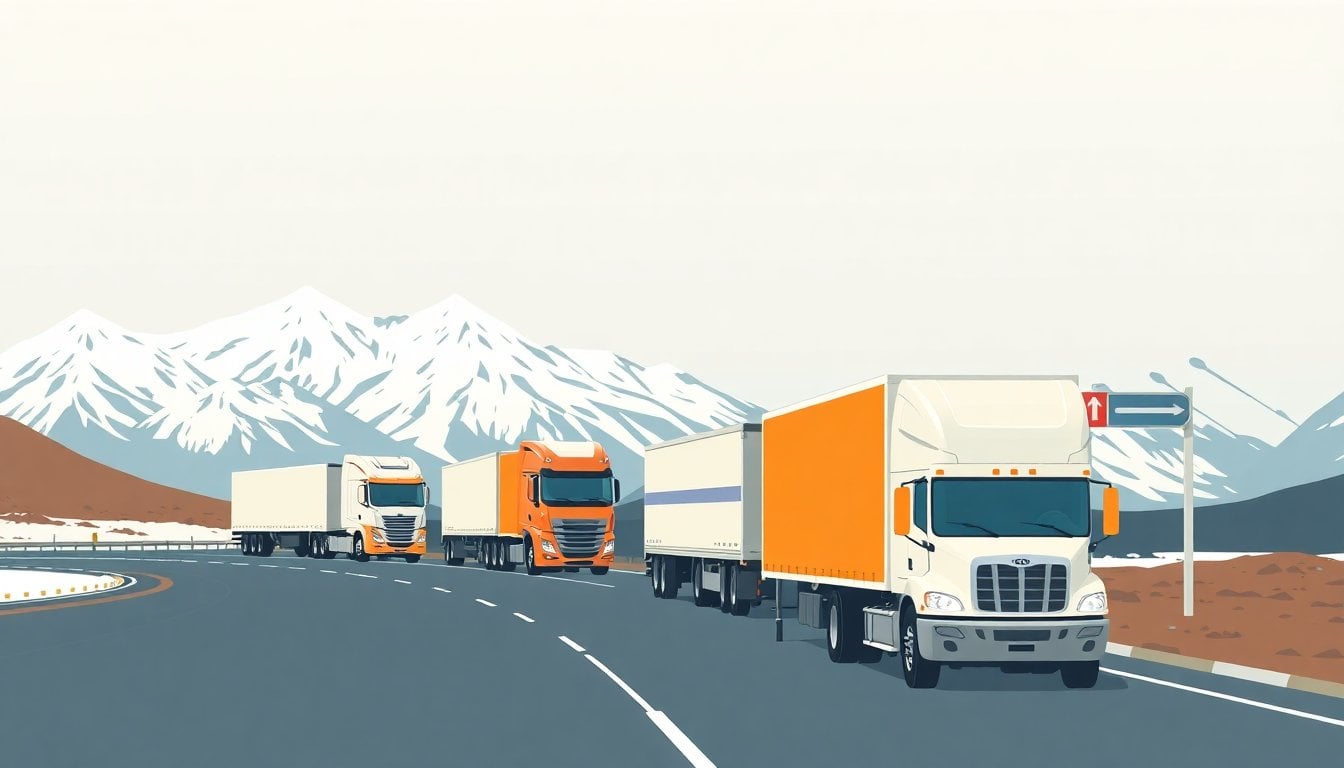 trucks and freight vehicles lined up on Argentine mountain road near Andes border crossing, snow-covered Cordillera in background, overcast sky