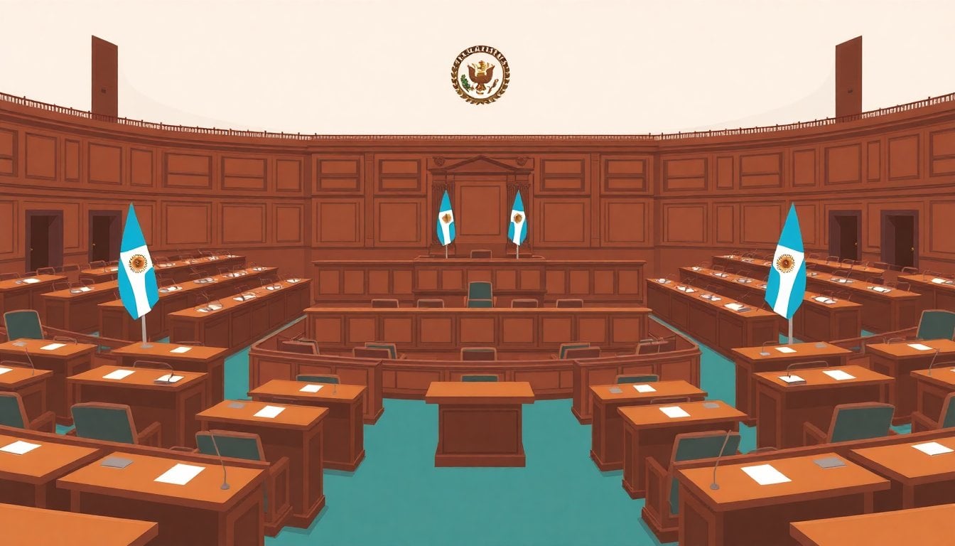 Argentine Senate chamber interior, empty seats with wooden desks and Argentine flags, wide angle, no people