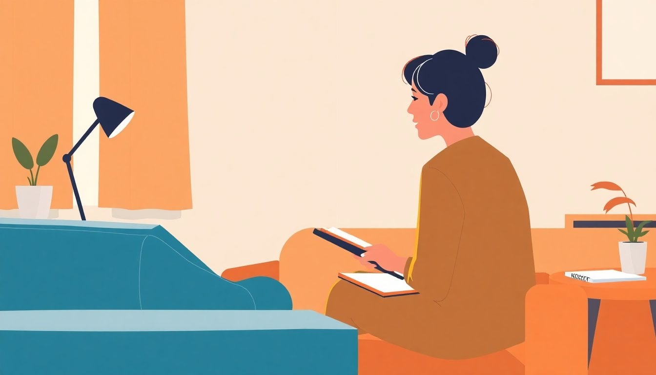 person sitting in therapy session with psychologist, couch and notebook visible, warm indoor light, no faces shown