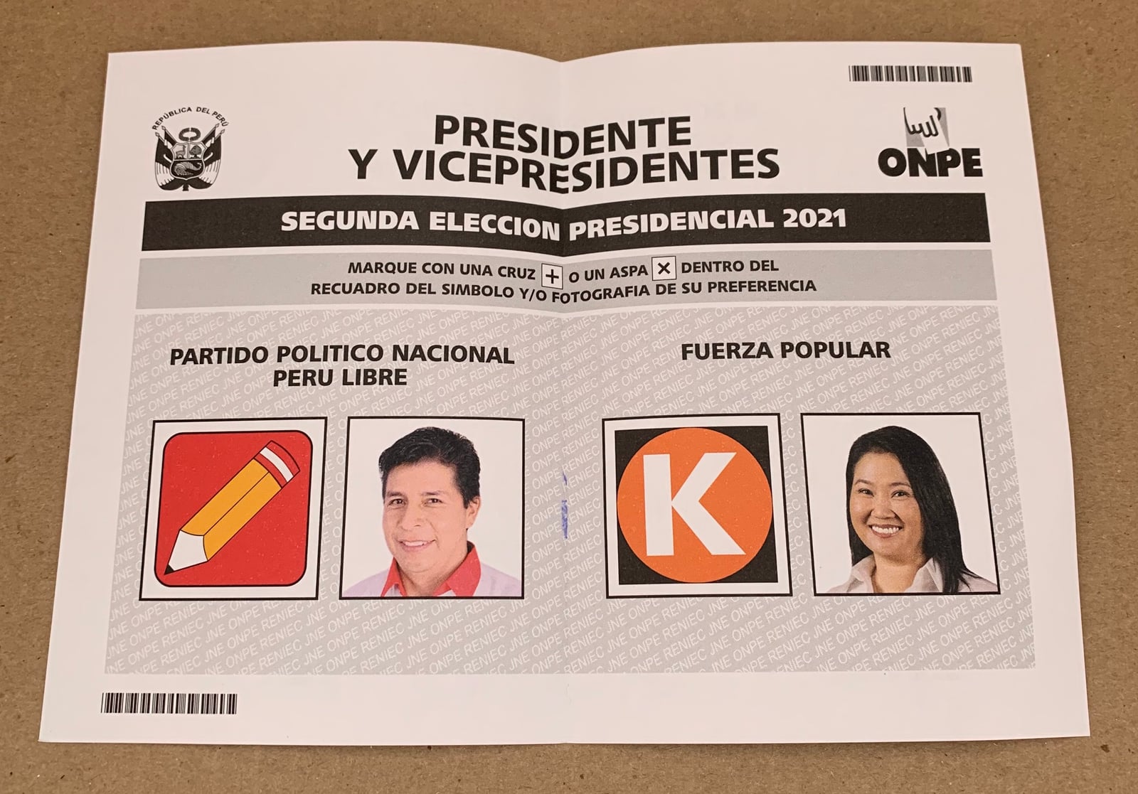 Ballot paper for the second round of the Peruvian presidential election between Pedro Castillo and Keiko Fujimori (June 6, 2021).