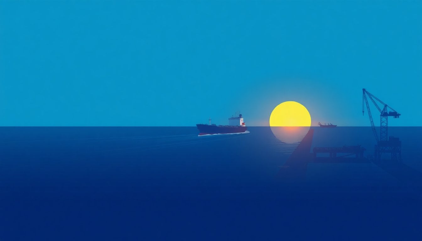 oil tanker ship navigating through narrow strait at sunset, aerial view, industrial maritime scene