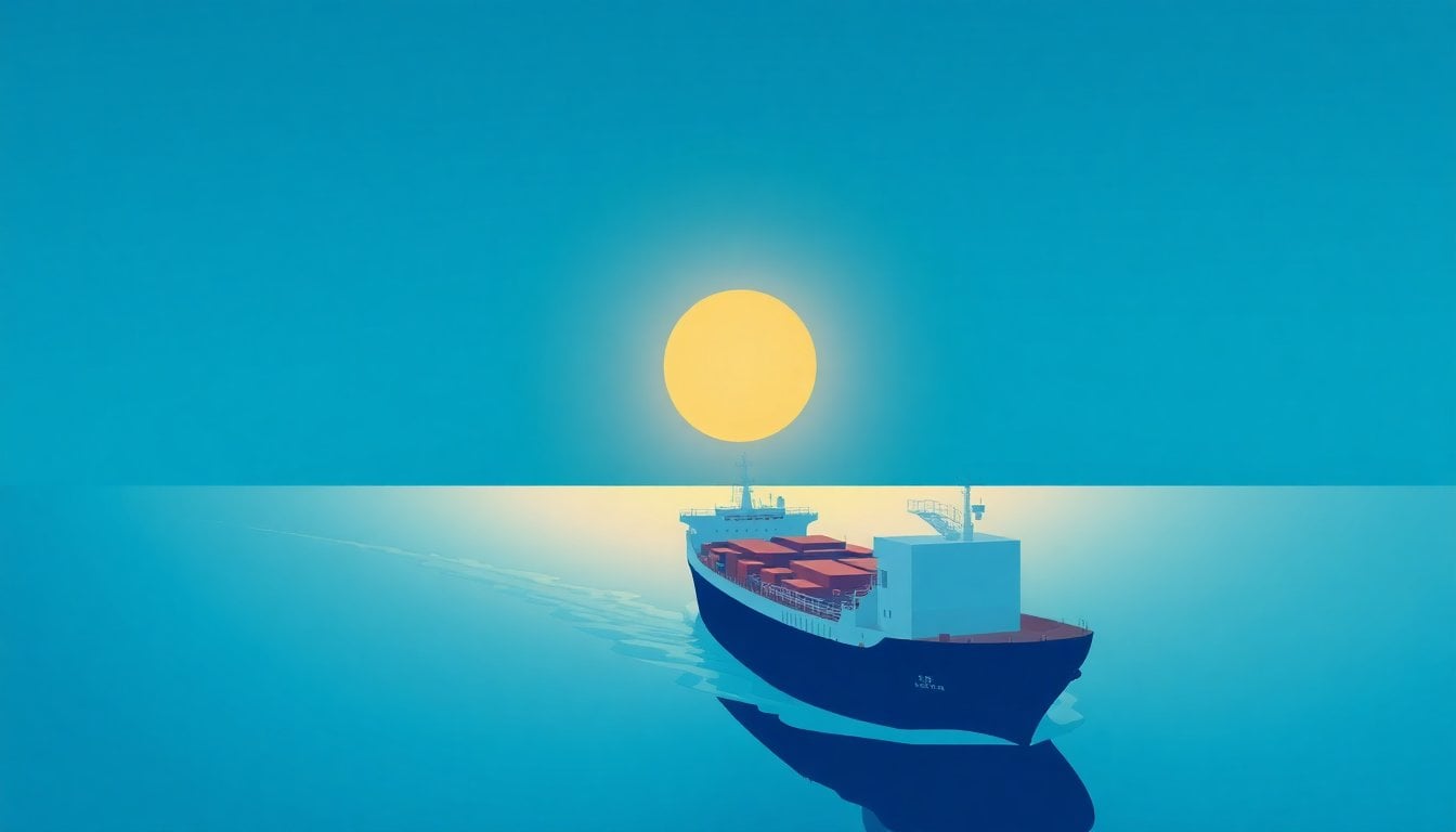 oil tanker ship passing through narrow strait at dusk, aerial view, calm water, industrial vessel
