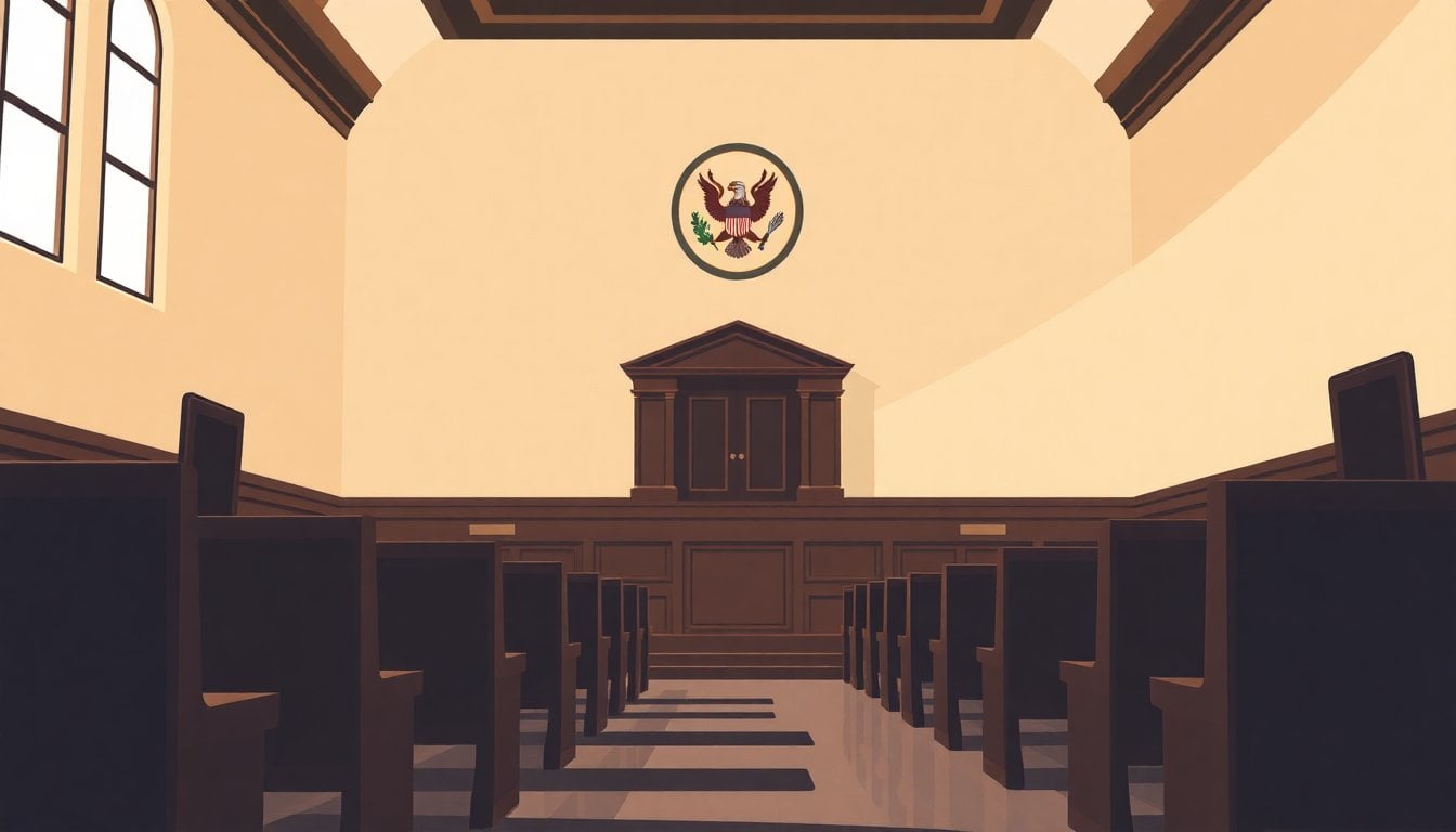 Argentine courthouse interior with wooden benches and judicial seal on wall, empty courtroom, Buenos Aires, natural light