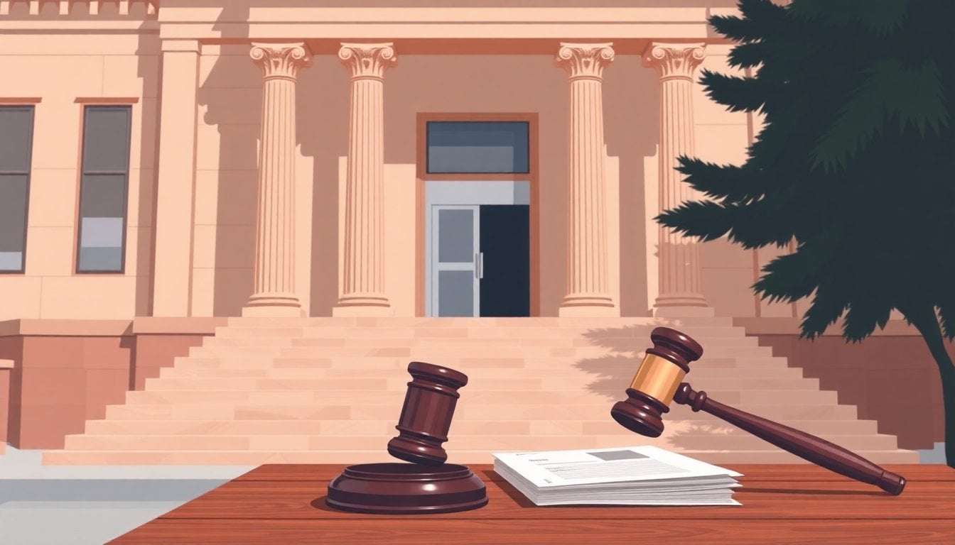 Argentine courthouse exterior with stone steps and judicial columns, legal documents and gavel on a wooden desk in foreground, daytime