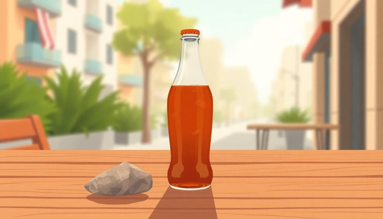 glass bottle of soda on a wooden table with small stone rock beside it, close-up, shallow depth of field, natural light