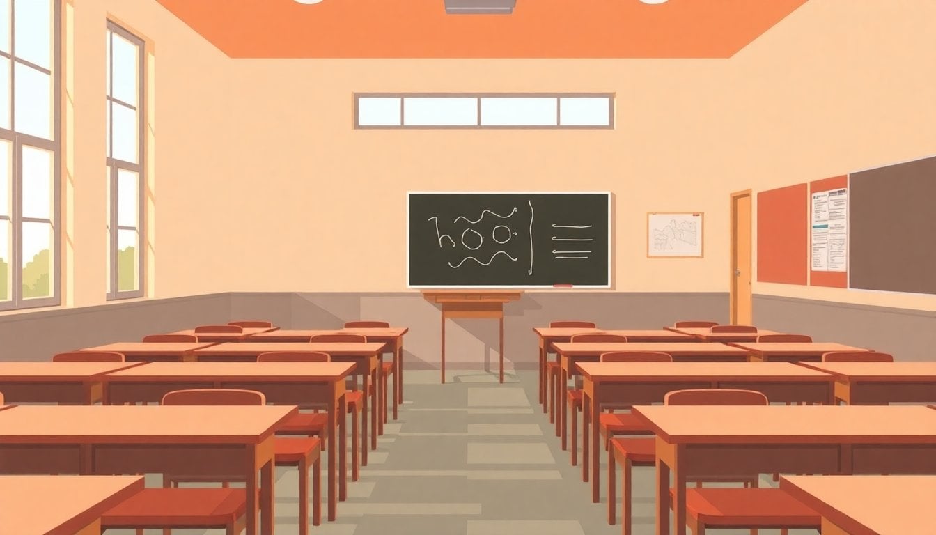 Argentine school classroom with empty wooden desks and chalkboard, natural light through windows, no students, urban public school interior