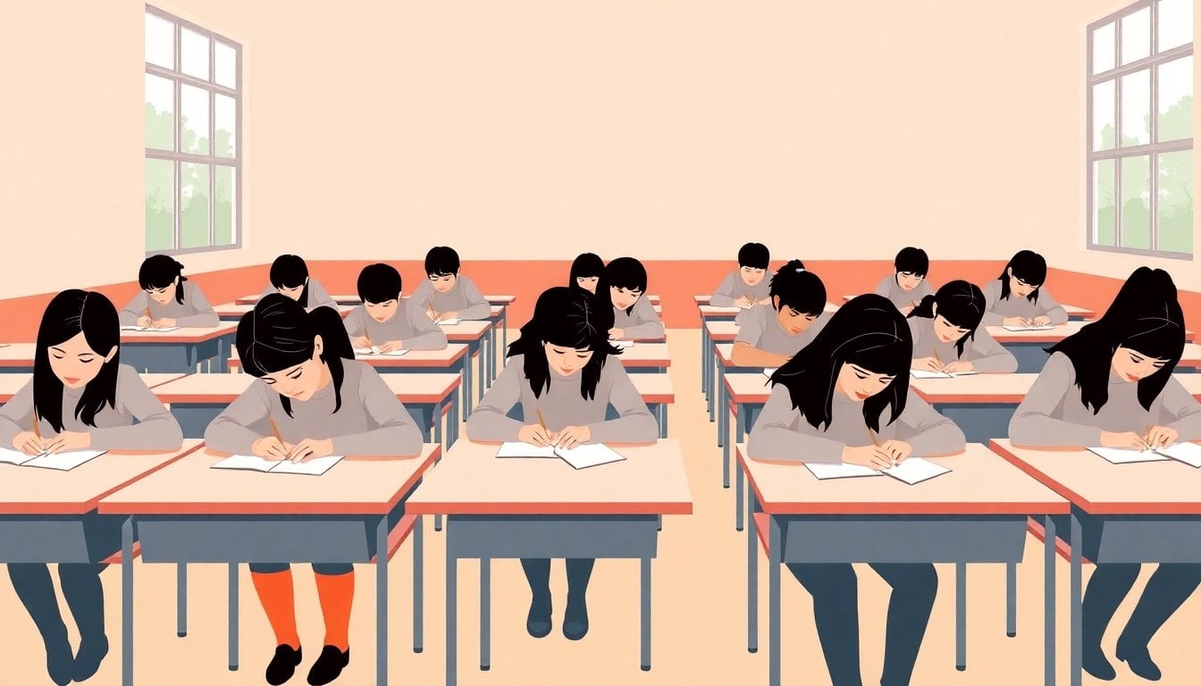 Argentine high school students taking a written exam in a classroom, rows of desks, natural light through windows, no faces visible