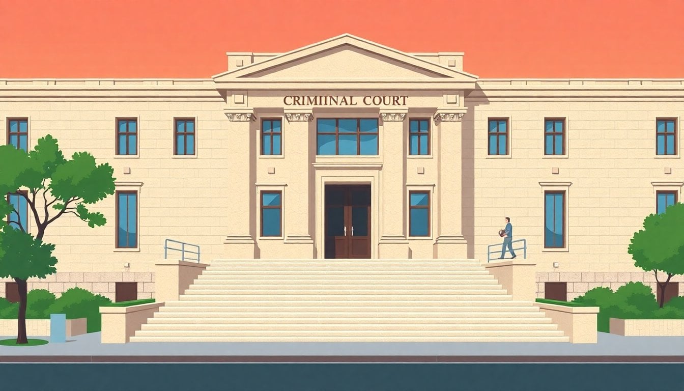 Argentine criminal court building exterior with stone facade and entrance steps, Buenos Aires, daytime