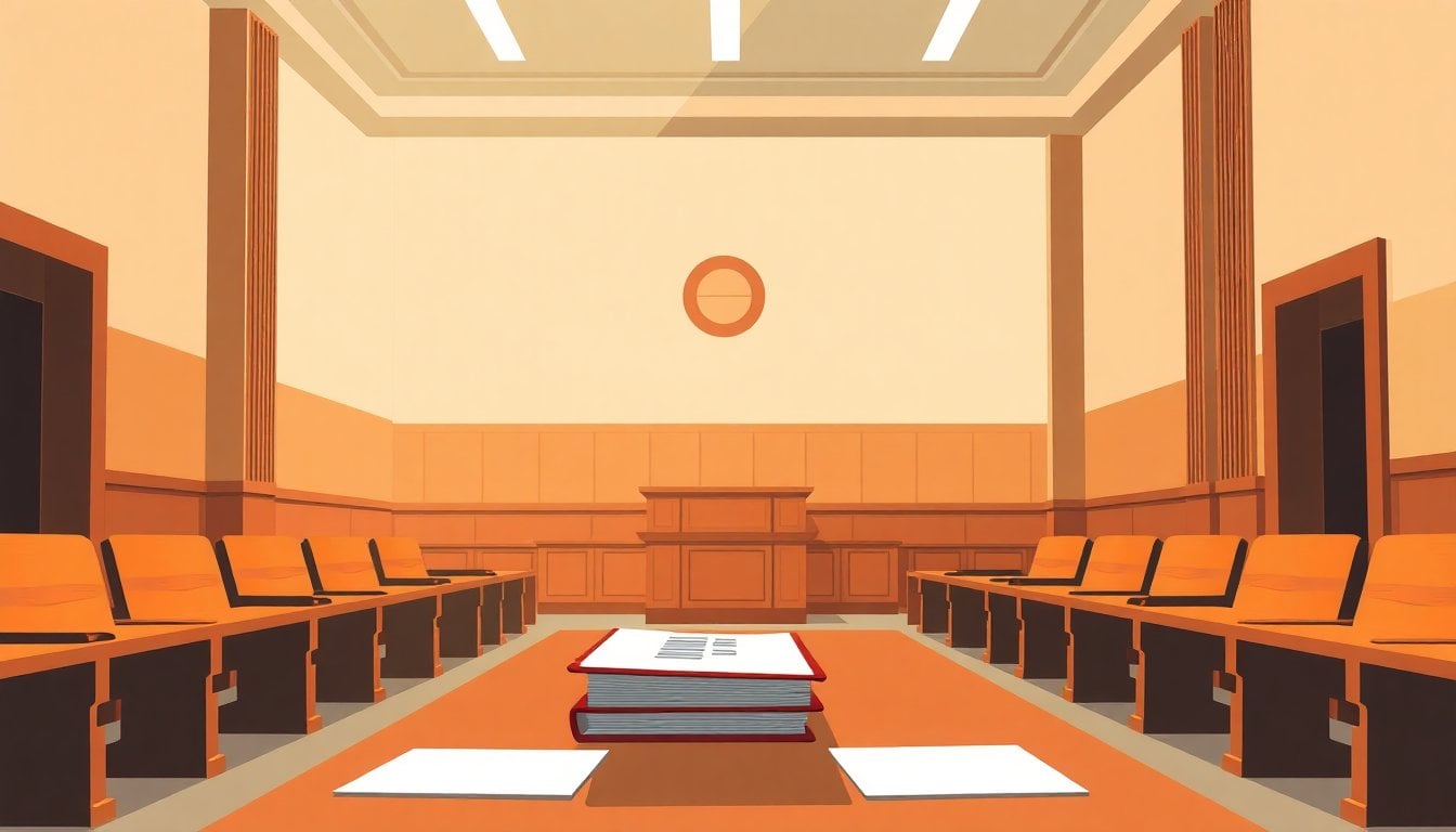 Buenos Aires criminal court building interior, wooden benches, legal files on table, fluorescent light, no people in foreground