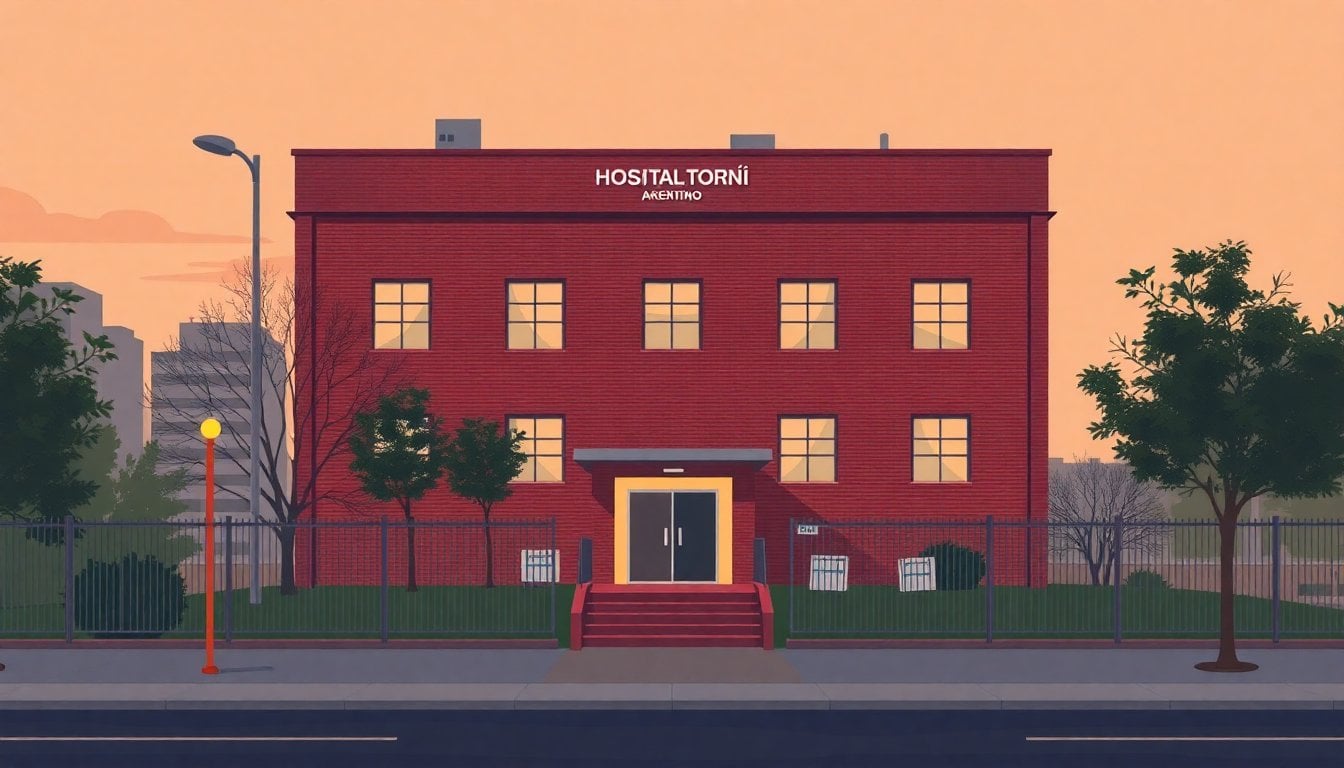 Hospital Tornú psychiatric ward exterior in Buenos Aires, dusk, red brick building and quiet entrance, no people visible