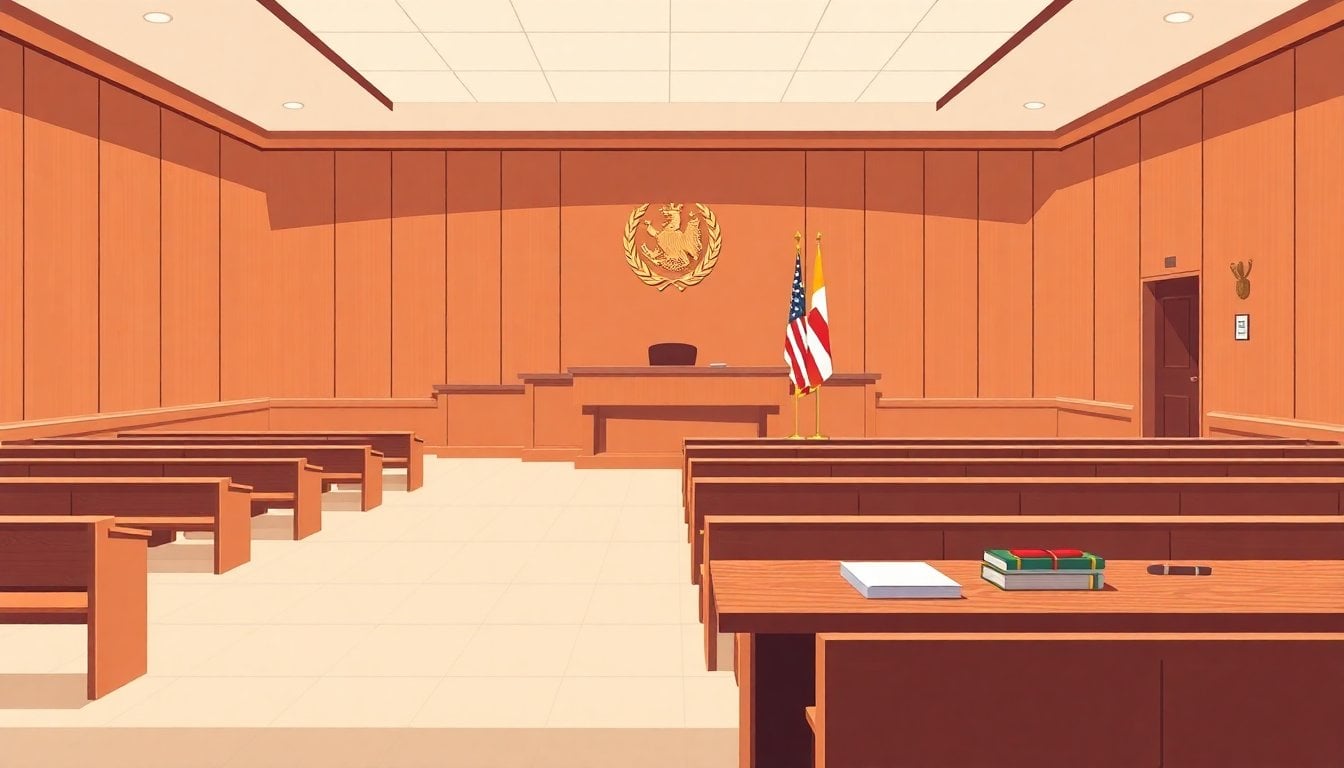 empty courtroom in an Argentine criminal court, wooden benches, judicial crest on the wall, legal files on a table, no people visible