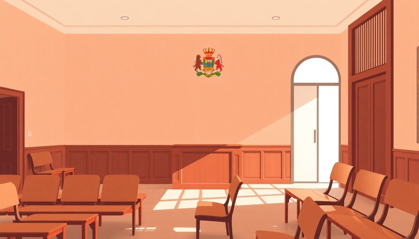 interior of Argentine criminal court room, wooden benches, national coat of arms on wall, empty chairs, natural light