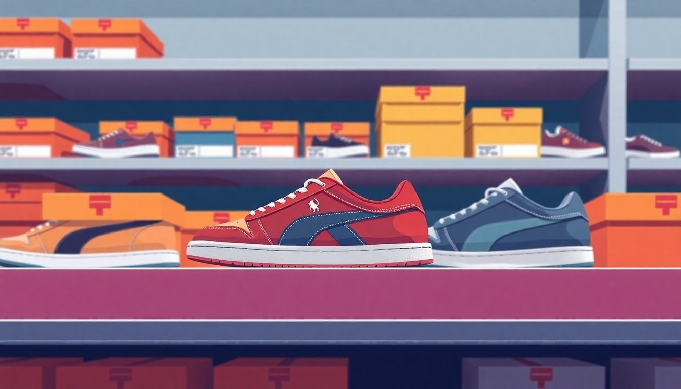 retro Pony sneakers displayed on a modern shoe store shelf, branded boxes and clean retail lighting, close-up product shot