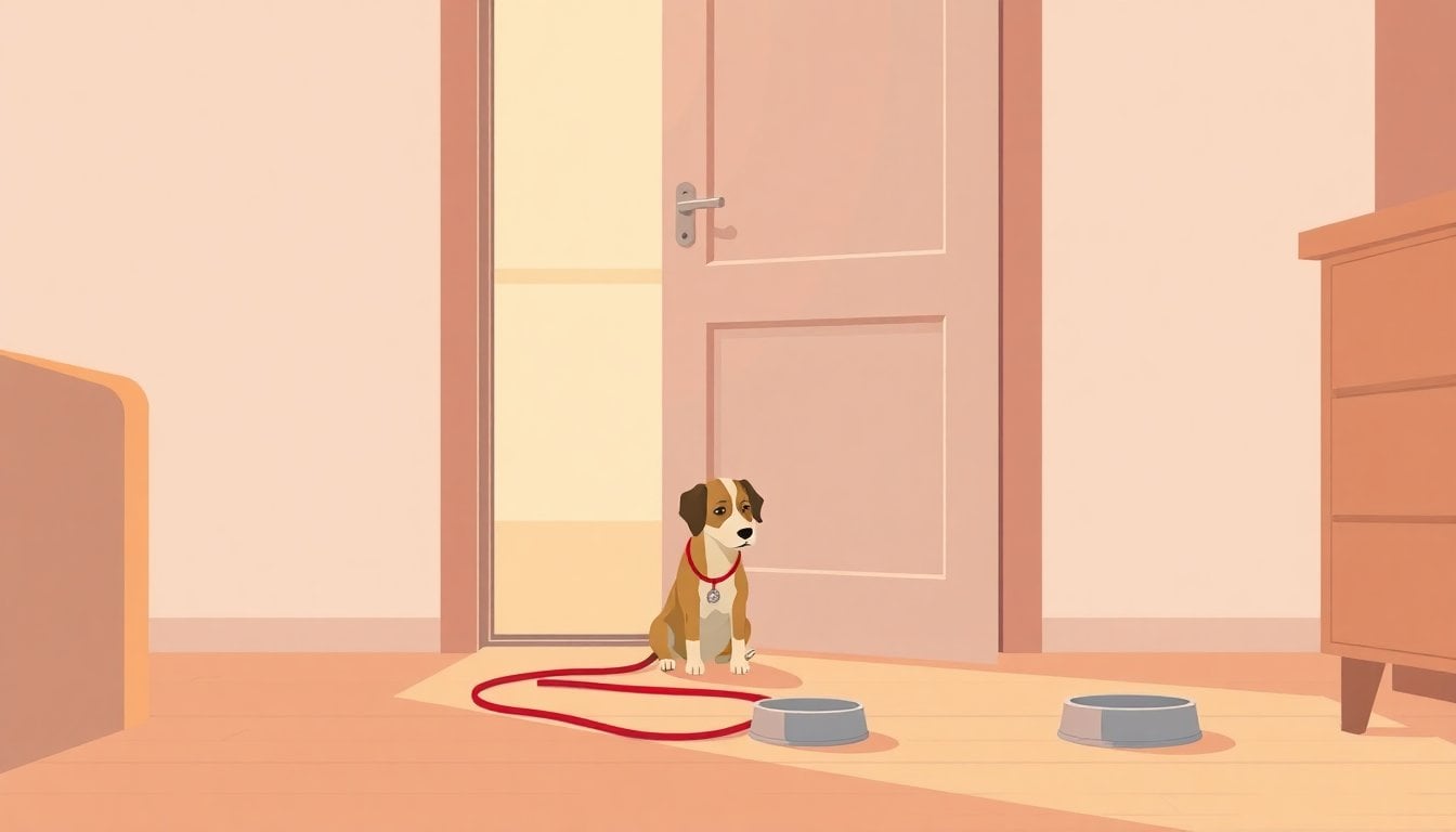 sad dog sitting near a closed apartment door, empty leash and food bowl on the floor, soft daylight, realistic home interior
