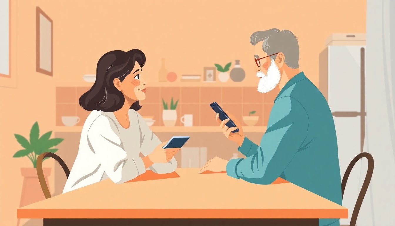 two people of different generations sitting across a table in a domestic setting, one older looking at the other who holds a smartphone, soft natural light, realistic editorial photo