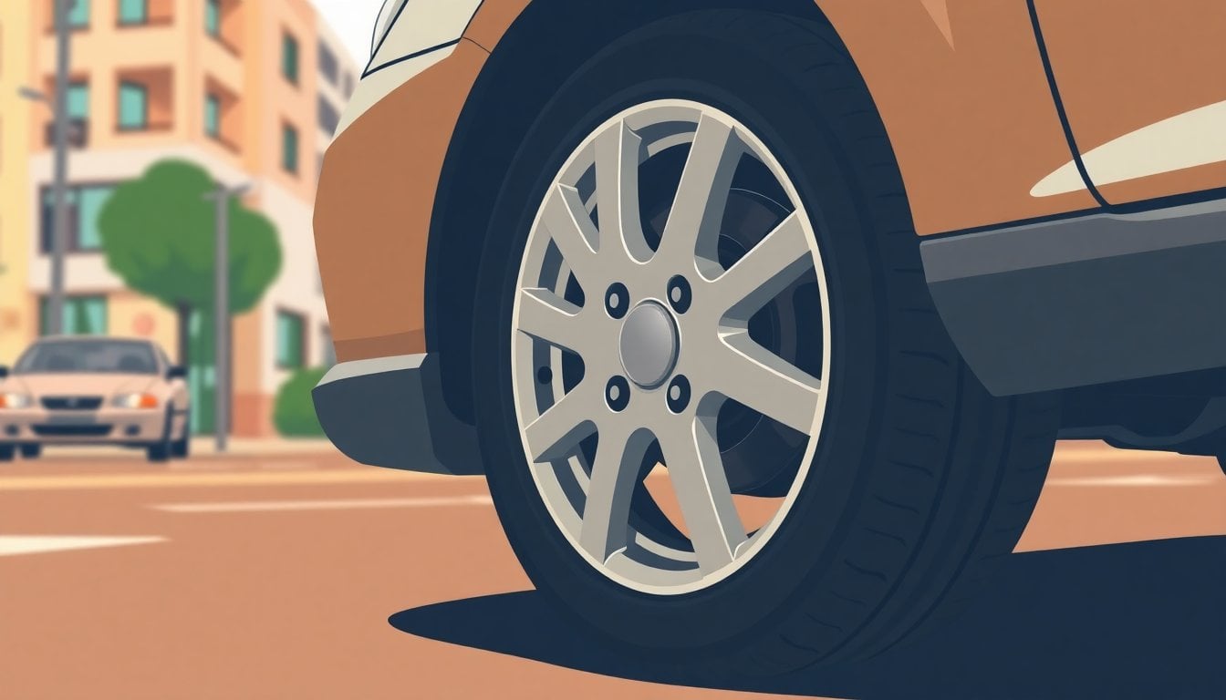 car front wheels turned at sharp angle while parked on city street, close-up of tires and suspension components, urban background