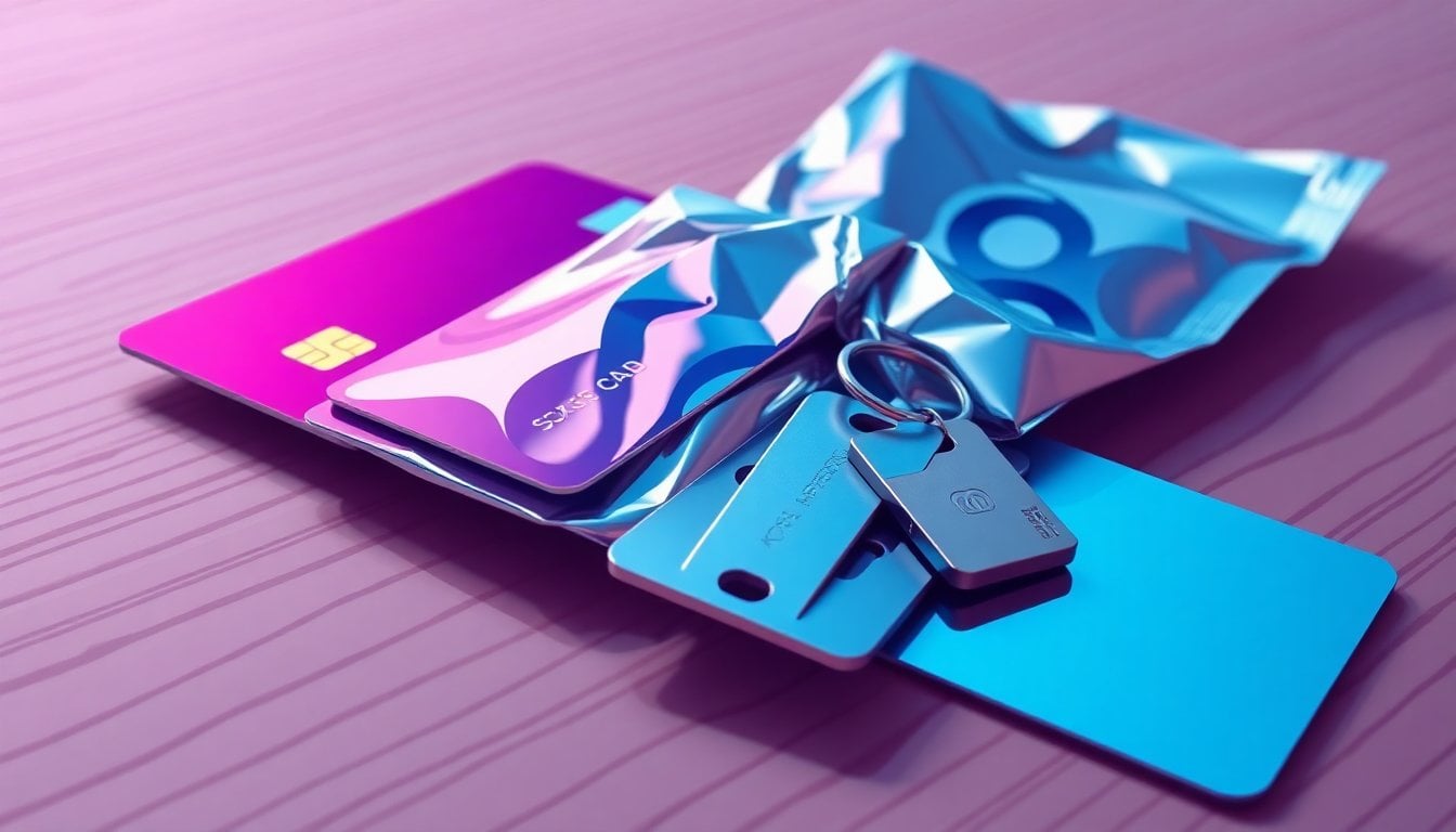 close-up of credit cards and keys wrapped in aluminum foil on a wooden table, no people, daylight