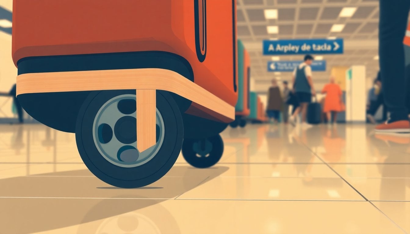 close-up of suitcase wheels wrapped in adhesive tape on airport terminal floor, luggage detail, shallow depth of field