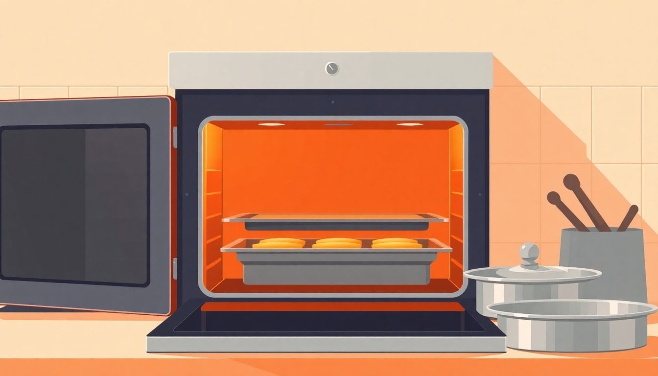 kitchen oven door open with baking trays and metal pans nearby on a countertop, warm indoor light, no people visible