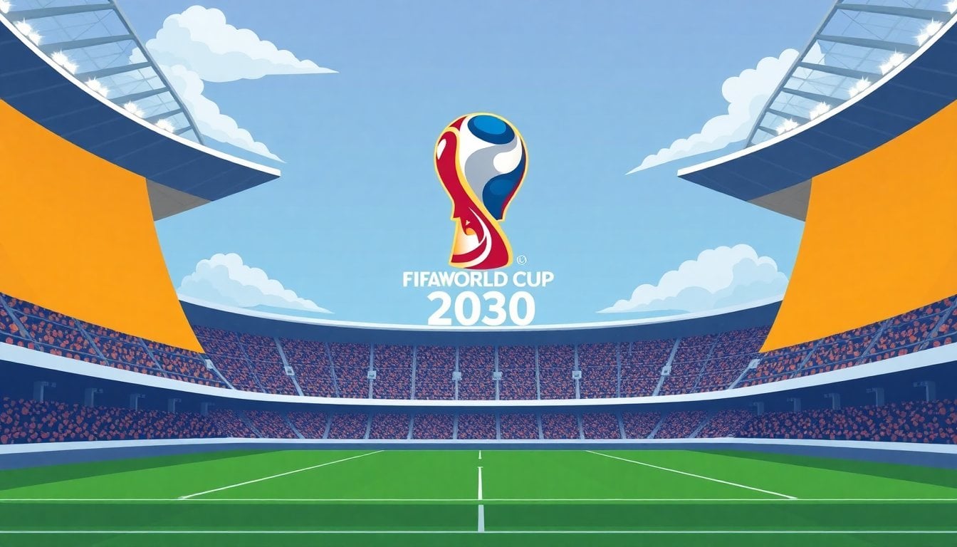 FIFA World Cup 2030 logo banner on stadium facade, Spain Morocco Portugal joint bid, daylight exterior