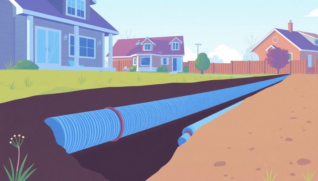 underground pipe trench installation for geothermal earth tube heat exchanger, excavated soil, plastic tubing visible, residential yard, daylight