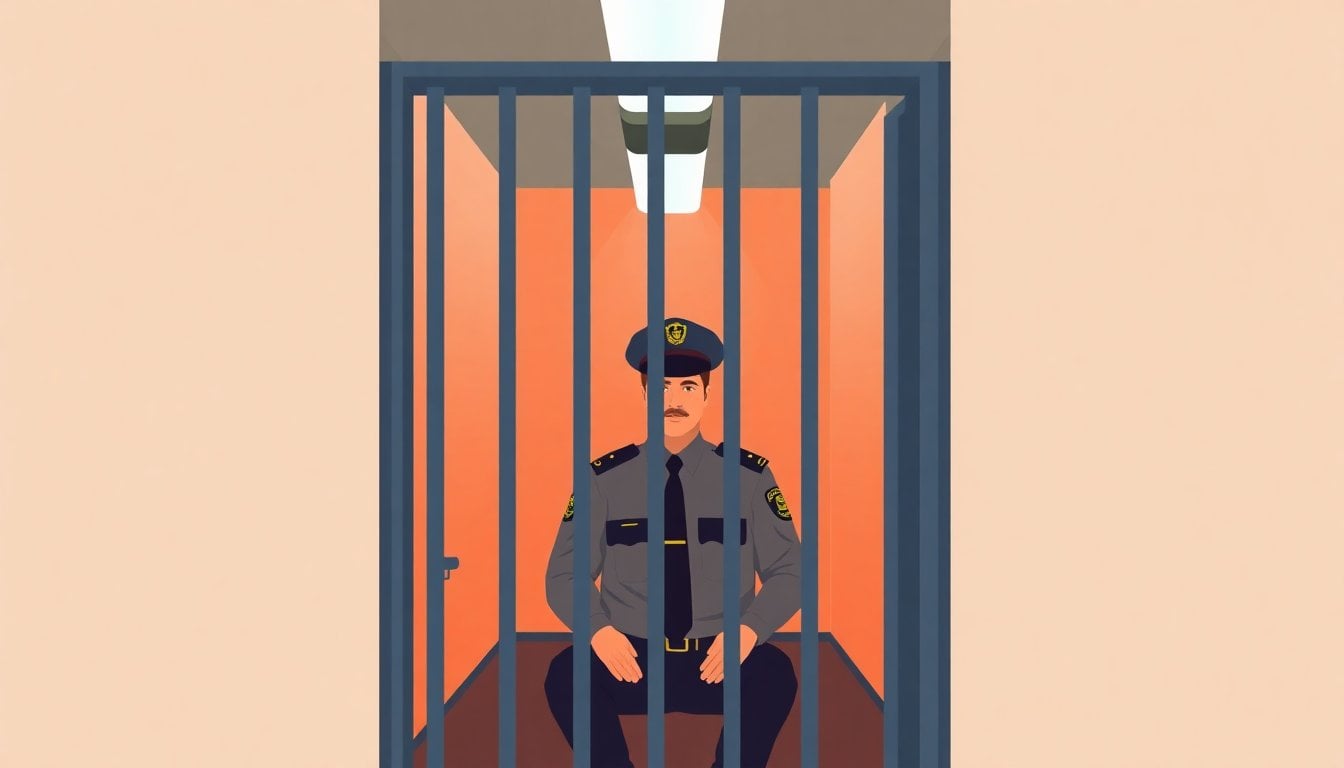 interior of an Argentine police detention cell with barred doors, a uniformed officer seated inside, fluorescent lights, tense empty corridor