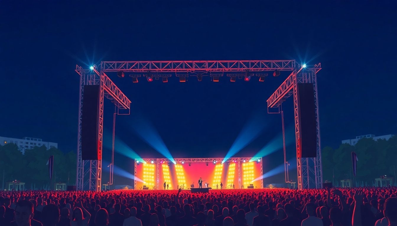 outdoor music festival stage with large crowd at night, colorful lights, Buenos Aires Argentina, aerial view