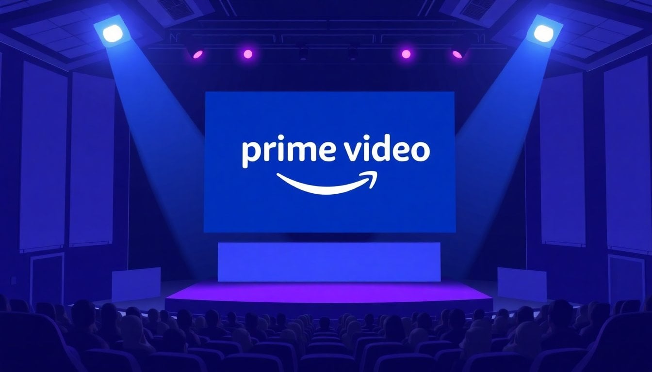 Prime Video logo on a large screen at a corporate launch event, dark auditorium with colored stage lighting, Latin America theme