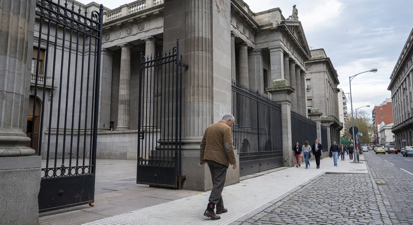 Argentine courthouse entrance with stone columns and iron gates, Buenos Aires judicial building facade, overcast daylight