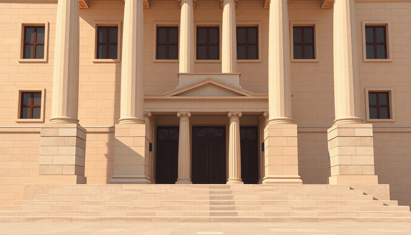 courthouse facade in Cordoba Argentina, classical stone building, judicial columns, daytime, empty steps, documentary editorial photo