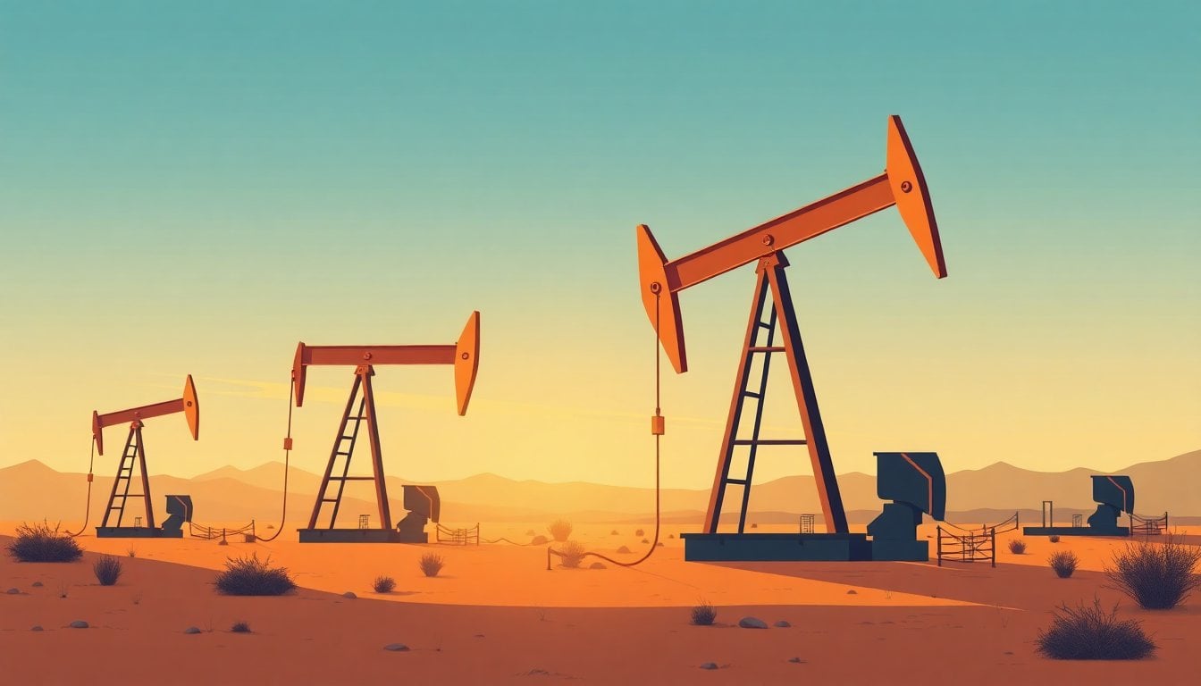 oil pump jacks operating at Vaca Muerta shale formation in Neuquén Patagonia, arid landscape, golden hour light, no people