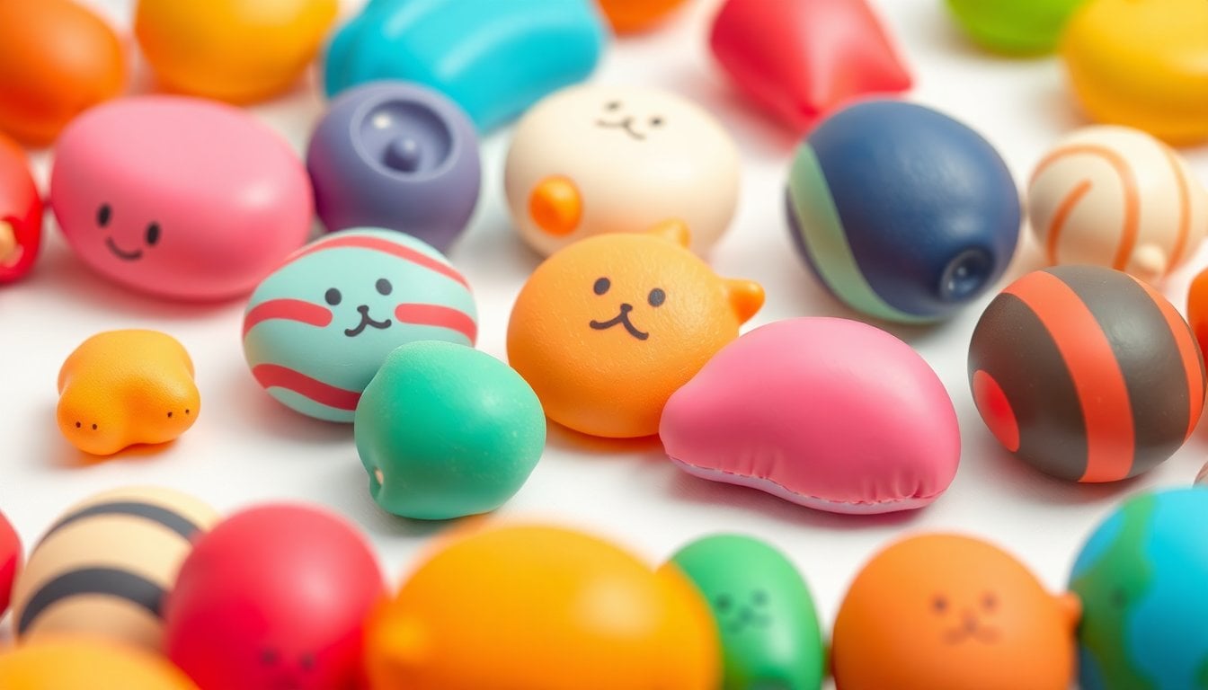 colorful squishy squeeze toy collection on white surface, close-up, soft foam texture, no people