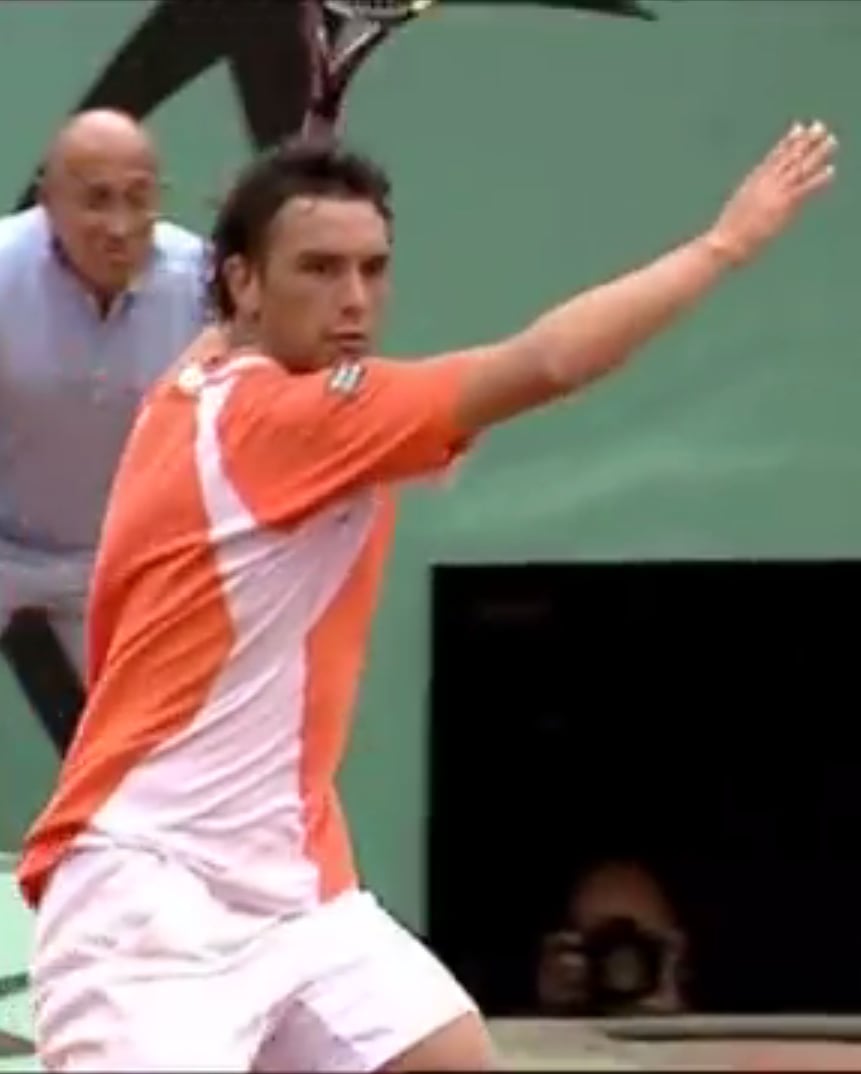 Mariano Puerta hitting a forehand at the 2005 French Open men's singles final