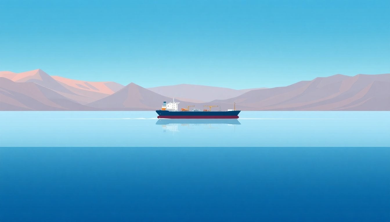 oil tanker ship sailing through narrow strait with dry mountains on horizon, aerial view, calm water, Middle East coast