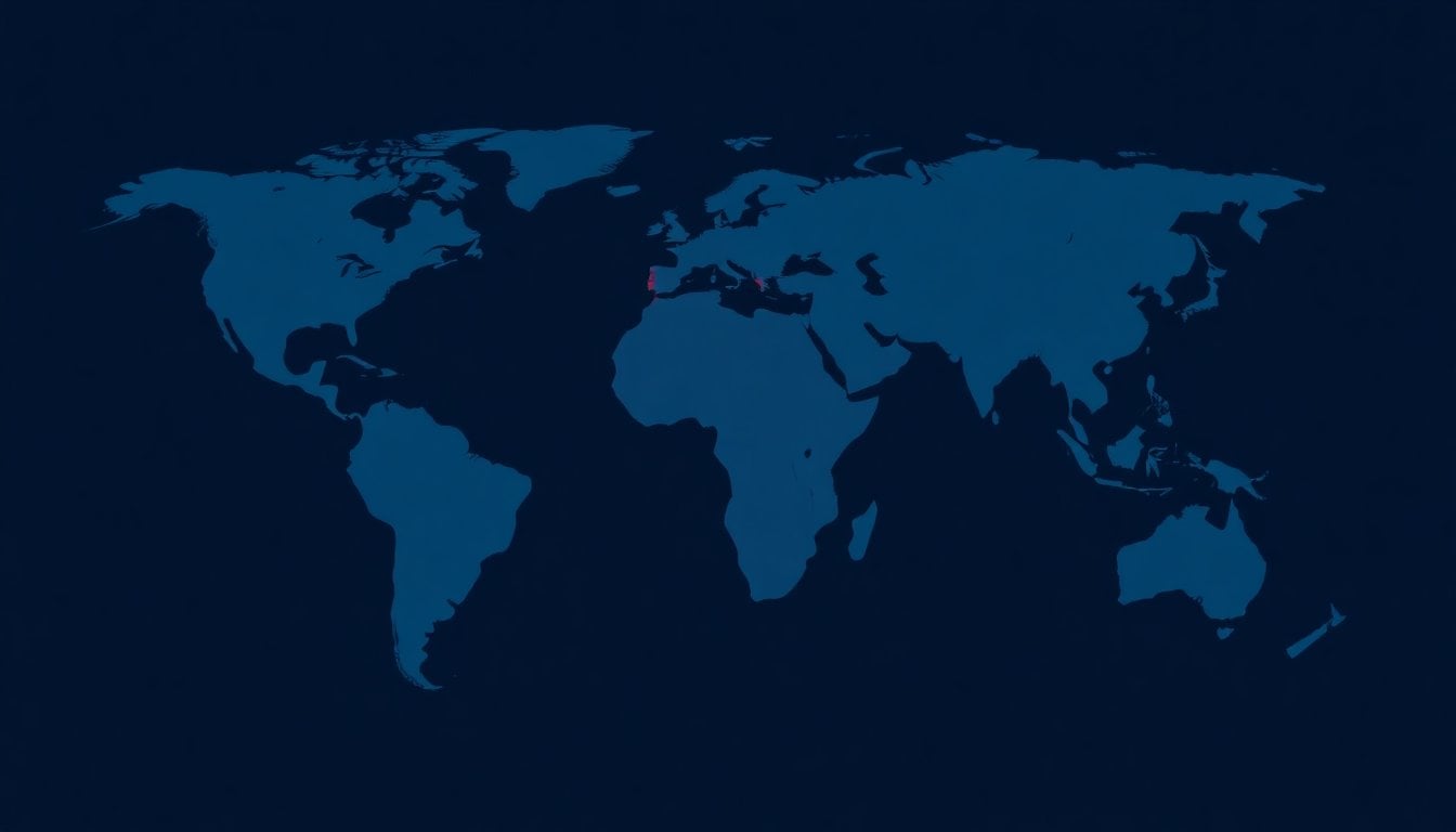world map with Latin America highlighted in red, military risk overlay, dark blue background, digital glow effect, no people