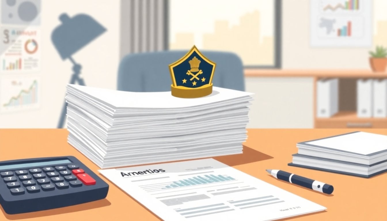 stack of payroll documents and uniformed service insignia on a desk, calculator and pen nearby, Argentine office setting, daylight, no people visible