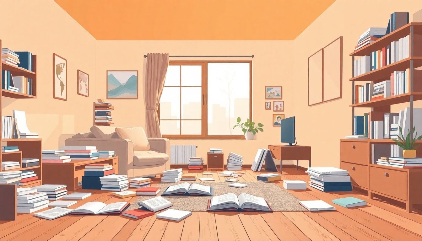 cluttered living room with scattered books and objects on a wooden floor, natural window light, no people