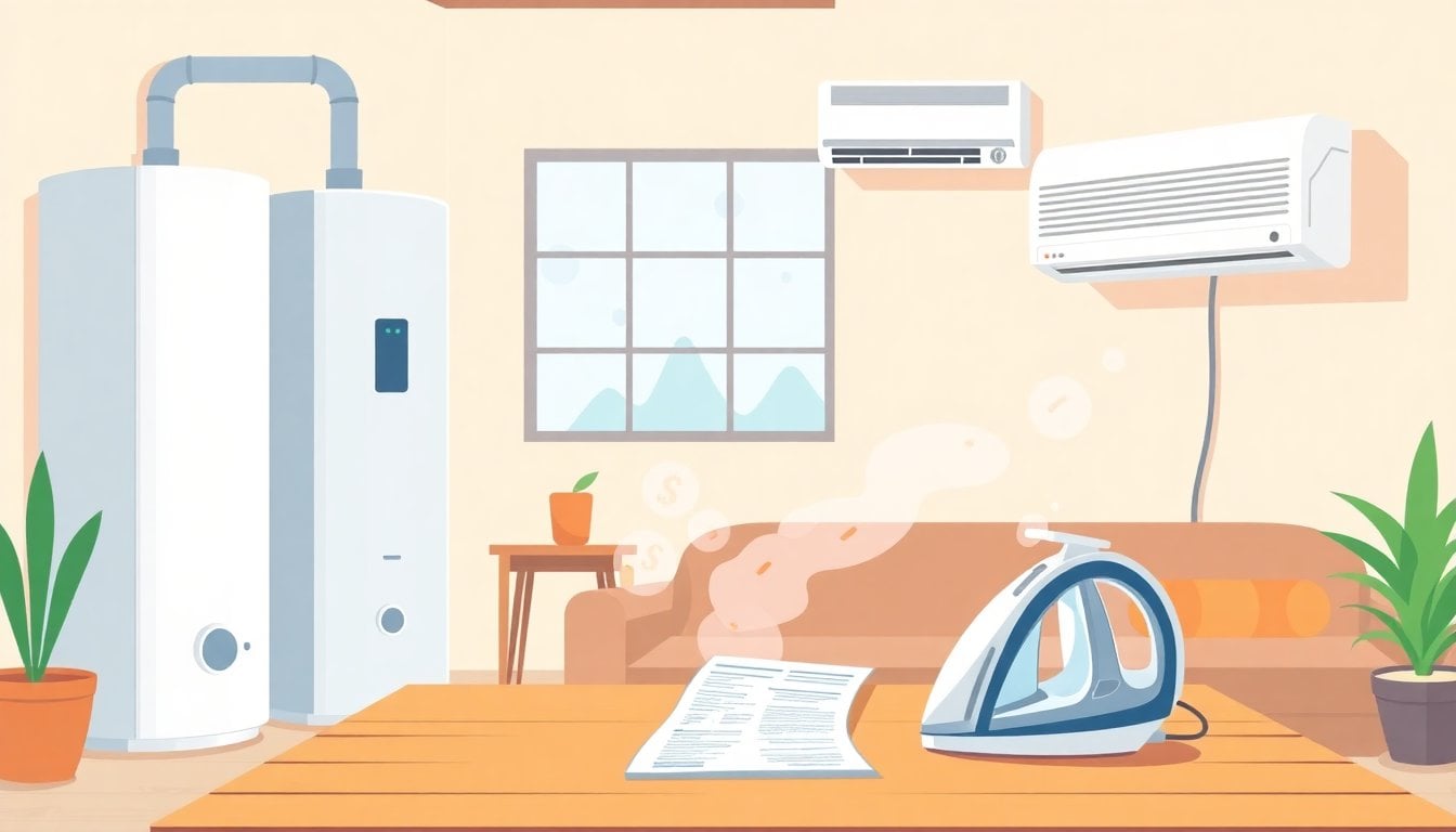 electric water heater, steam iron and wall-mounted air conditioner in a modest Argentine home interior, utility bill on table, daylight, realistic editorial photo
