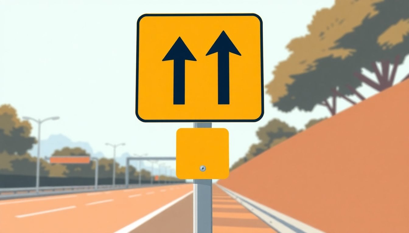 yellow road traffic sign with two black arrows pointing up and one arrow pointing down, mounted on highway shoulder, daylight, close-up