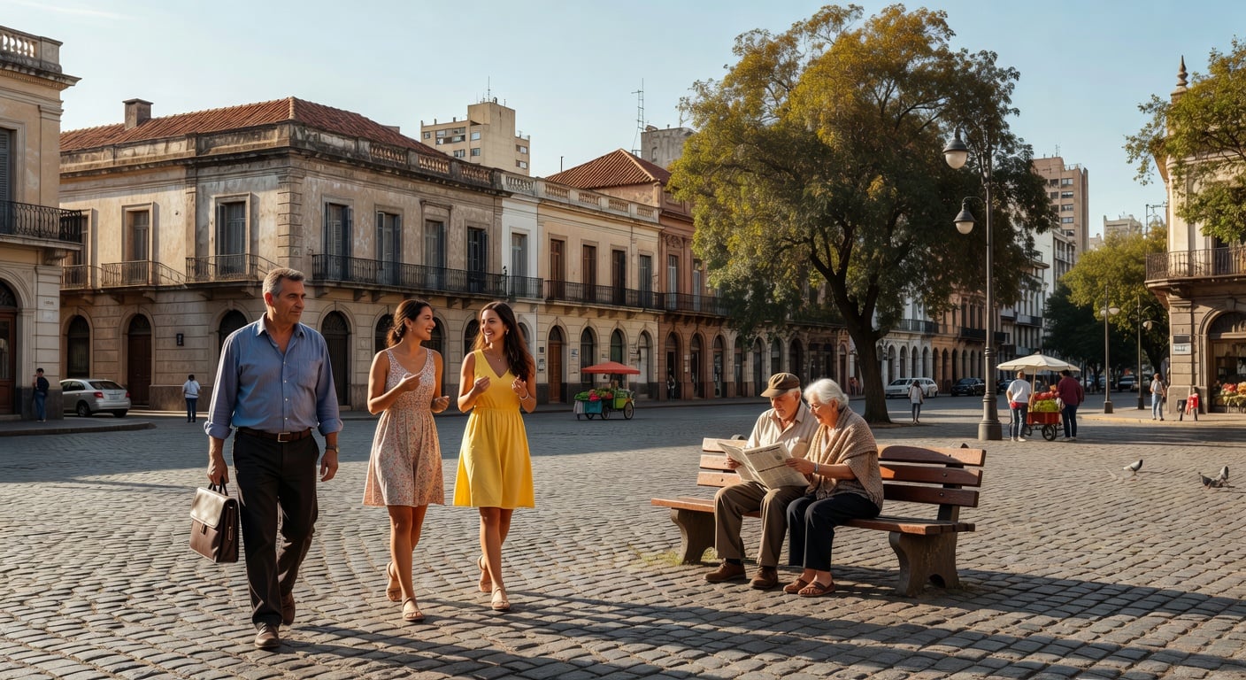 Córdoba Argentina city streets with historic buildings and cobblestone, Plaza San Martín, daytime with clear sky