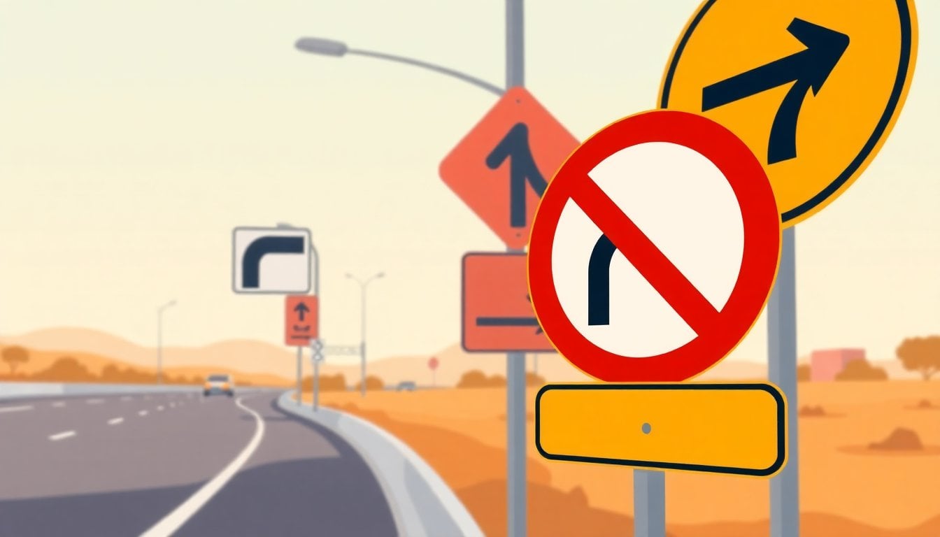 close-up of Argentine road traffic signs showing a U-turn arrow and a prohibition symbol on a highway shoulder, daylight, no people visible