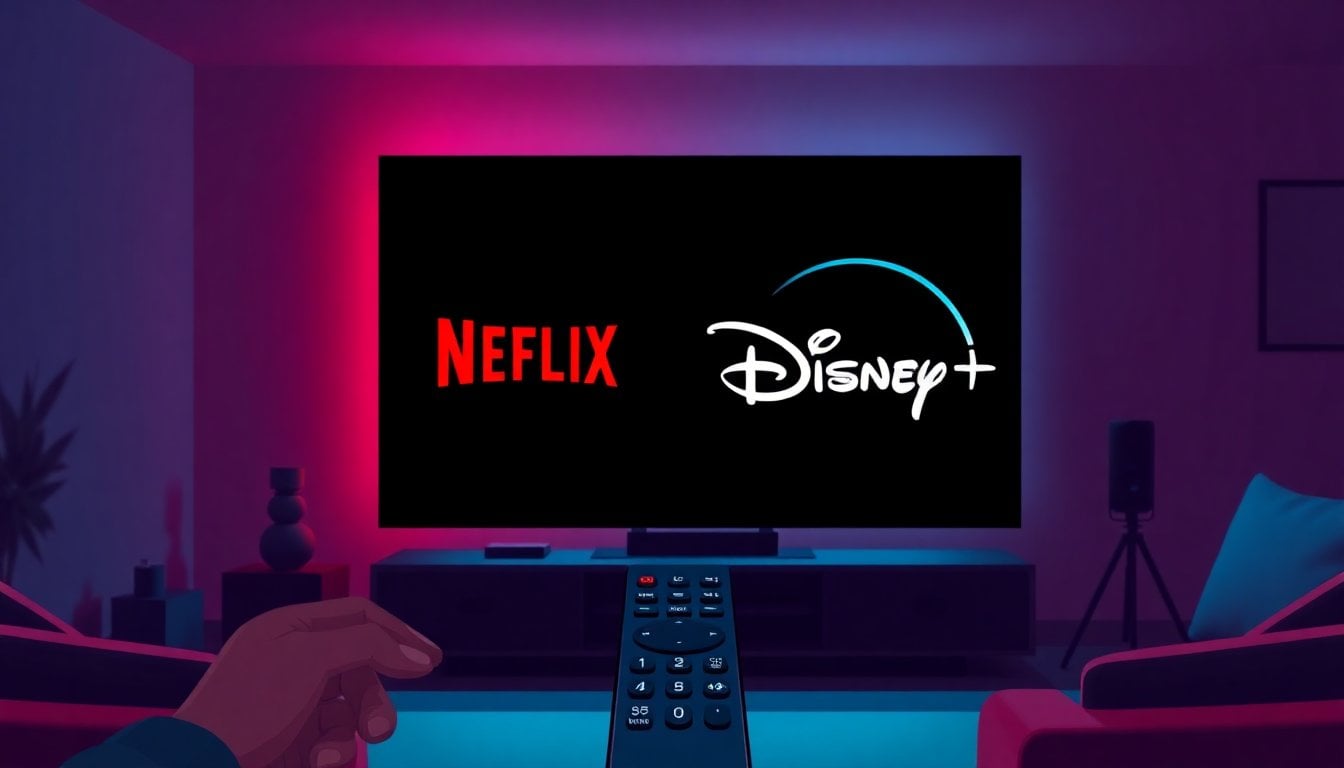 Netflix and Disney Plus streaming service logos displayed on a smart TV screen in a dark living room, remote control in foreground