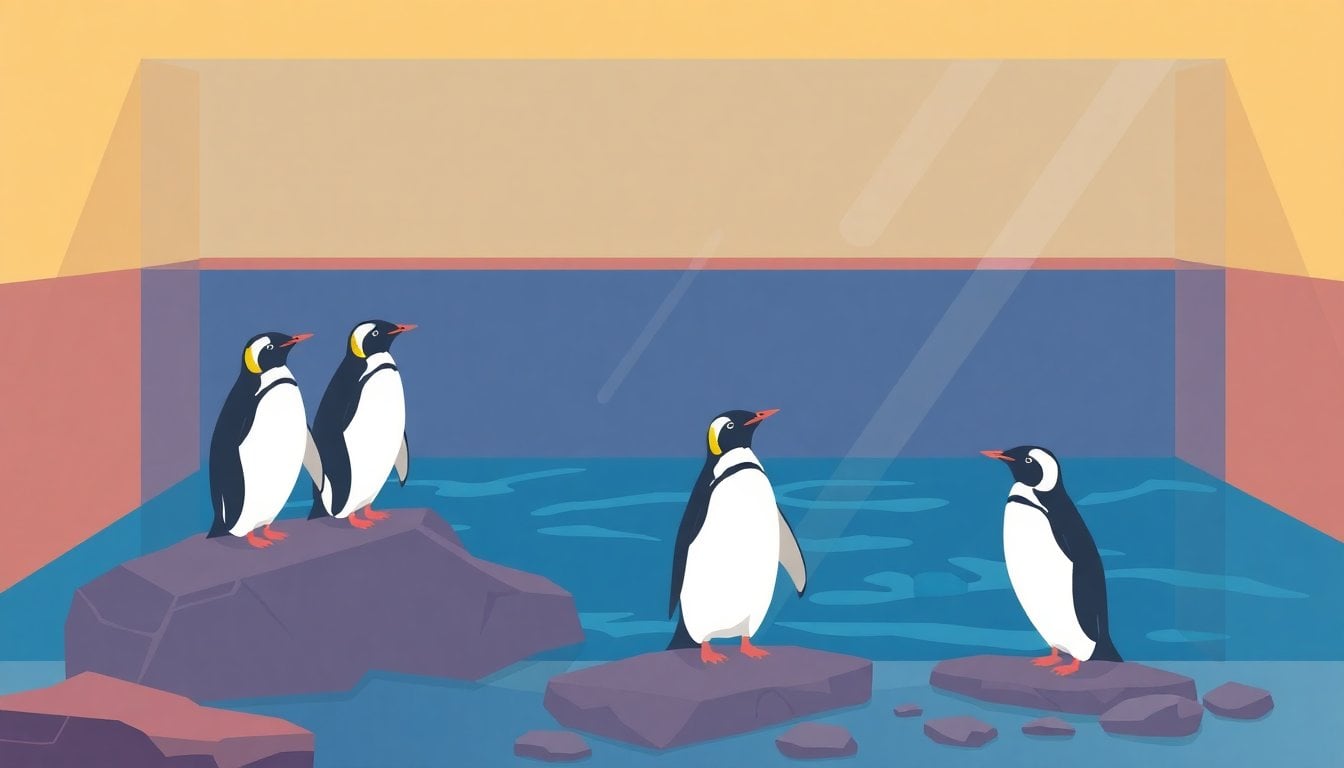 penguins in an empty aquarium enclosure, water tank and rocks, Mar del Plata Argentina, no visitors, natural light