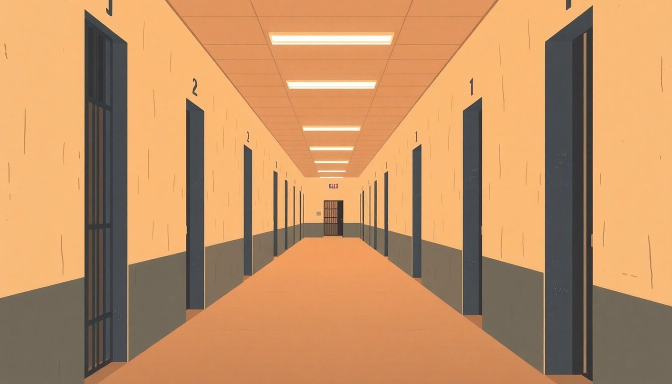 old Buenos Aires prison corridor with barred doors and dim fluorescent lights, institutional concrete walls, empty hallway