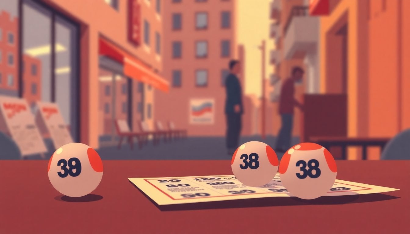 lottery ticket and numbered balls on a table, close-up, shallow depth of field, warm light, no people