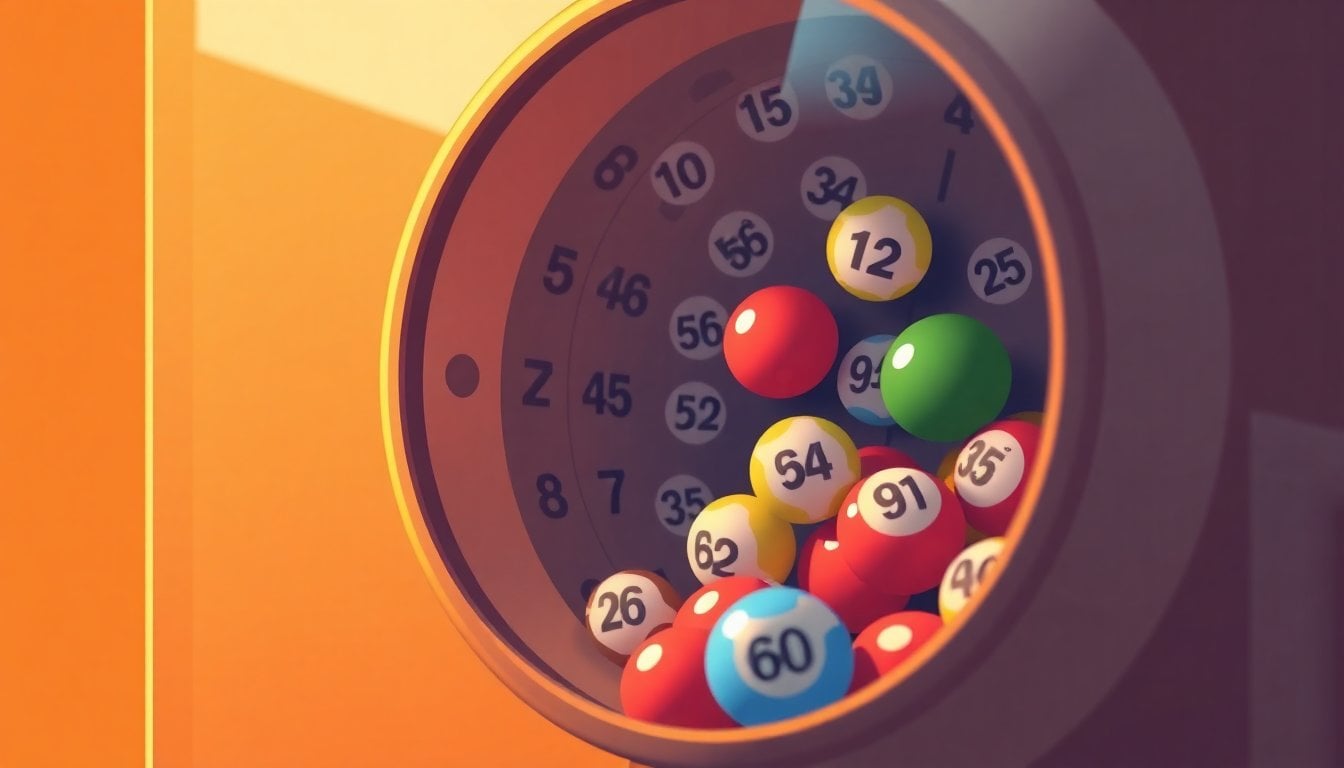 lottery ticket close-up with numbers, colorful balls in a lottery machine drum, studio light