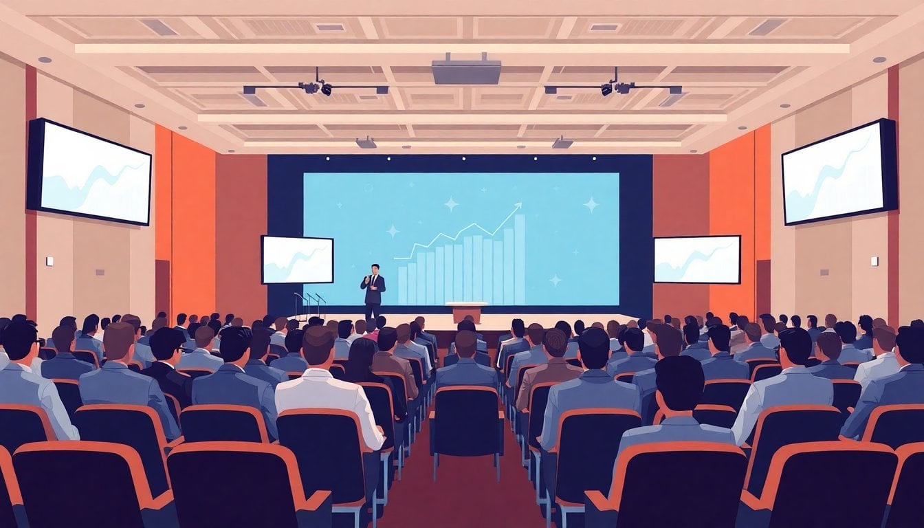 business forum auditorium in Mar del Plata with rows of seated executives, stage screens glowing, conference lighting, no close-up faces