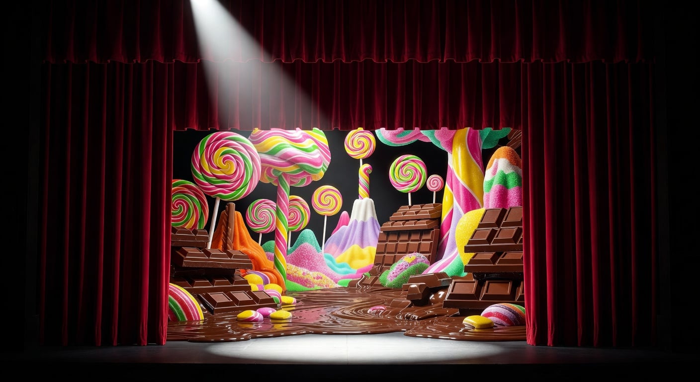 theater stage curtain spotlight Charlie and the Chocolate Factory musical set design, colorful backdrop, no people visible