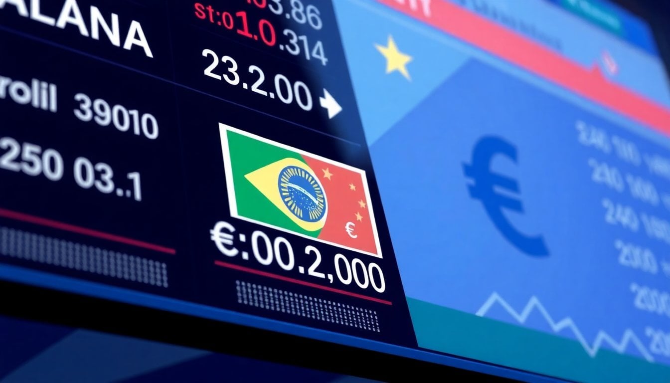 currency exchange board with Brazilian real and Euro rates displayed, financial market screen, close-up, no people visible