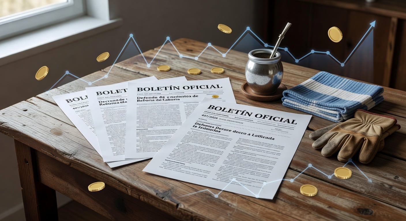 Argentine labor reform official gazette Boletin Oficial decree printed pages on wooden desk, close-up, natural light